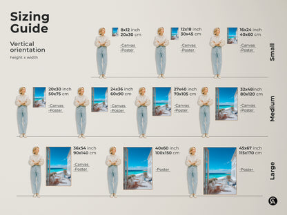 Sizing guide for vertical beach view art. Visualize the artwork in various sizes from small to large. Perfect for canvas or poster prints to fit your unique space and preferences.