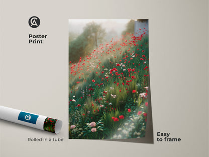 Poster print of a red poppy canvas print arrives rolled in a tube. The dreamy wildflower art features an impressionistic landscape. It's easy to frame this botanical print. The boho floral wall art adds charm to any space.