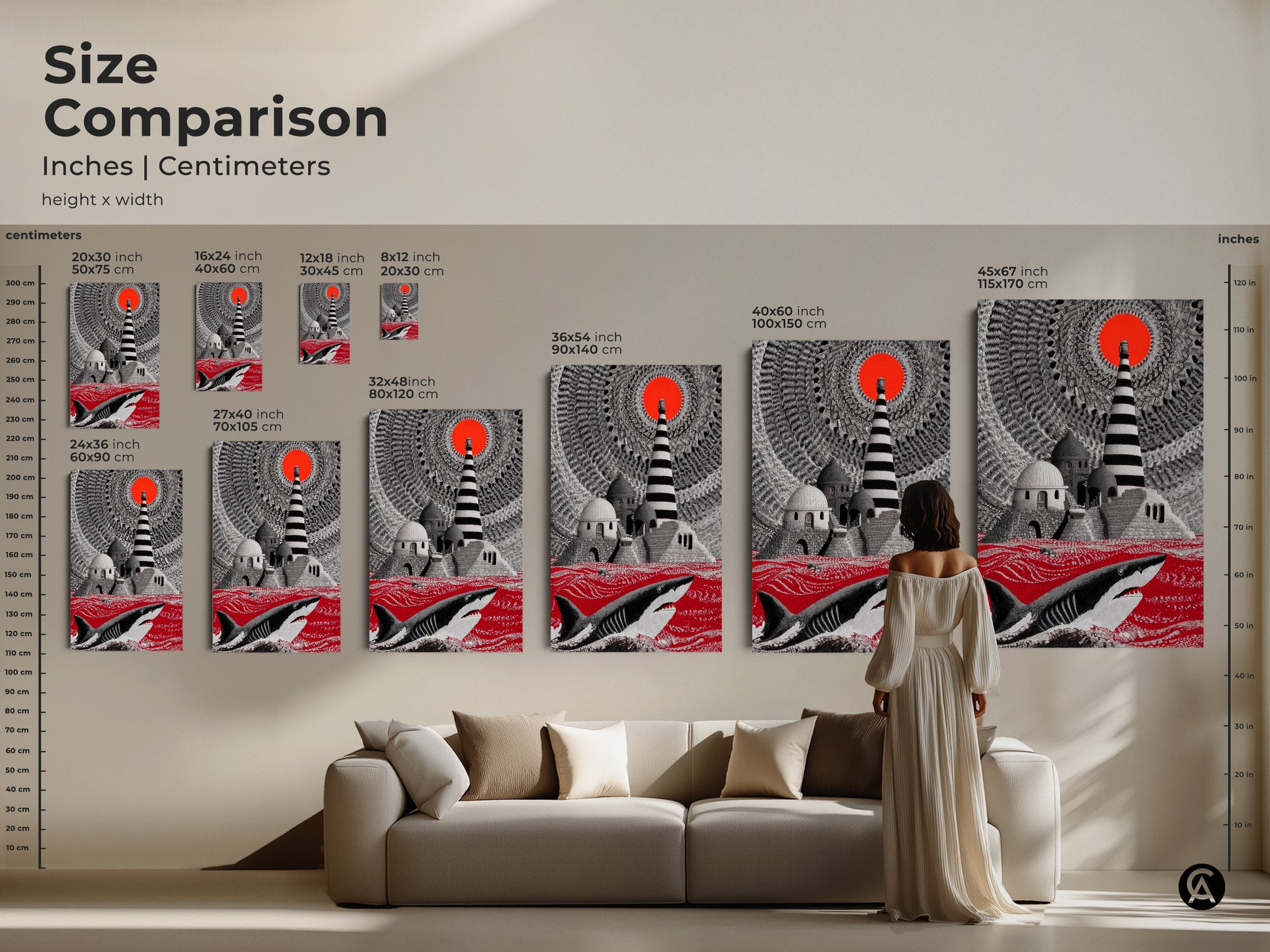 Size comparison shows dimensions in inches and centimeters. The nautical surrealism art print features a fantasy shark and lighthouse in crimson waters. The perfect entry hall statement art for your home.