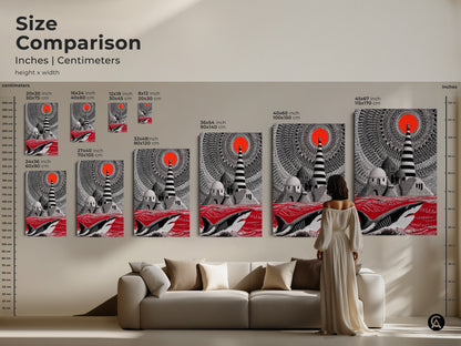 Size comparison shows dimensions in inches and centimeters. The nautical surrealism art print features a fantasy shark and lighthouse in crimson waters. The perfect entry hall statement art for your home.