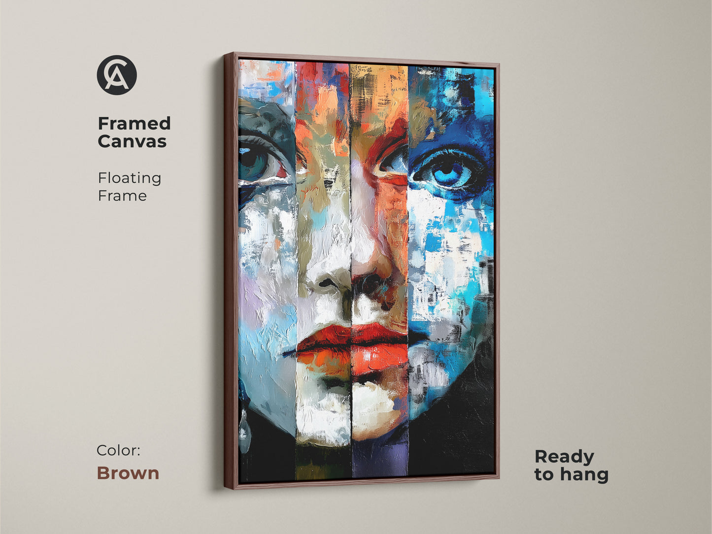Brown Framed Canvas showcasing an abstract woman's face in Expressionist style. The floating frame accentuates the blue red and orange tones. Ready to hang this eclectic wall art adds modern touch to bedrooms.