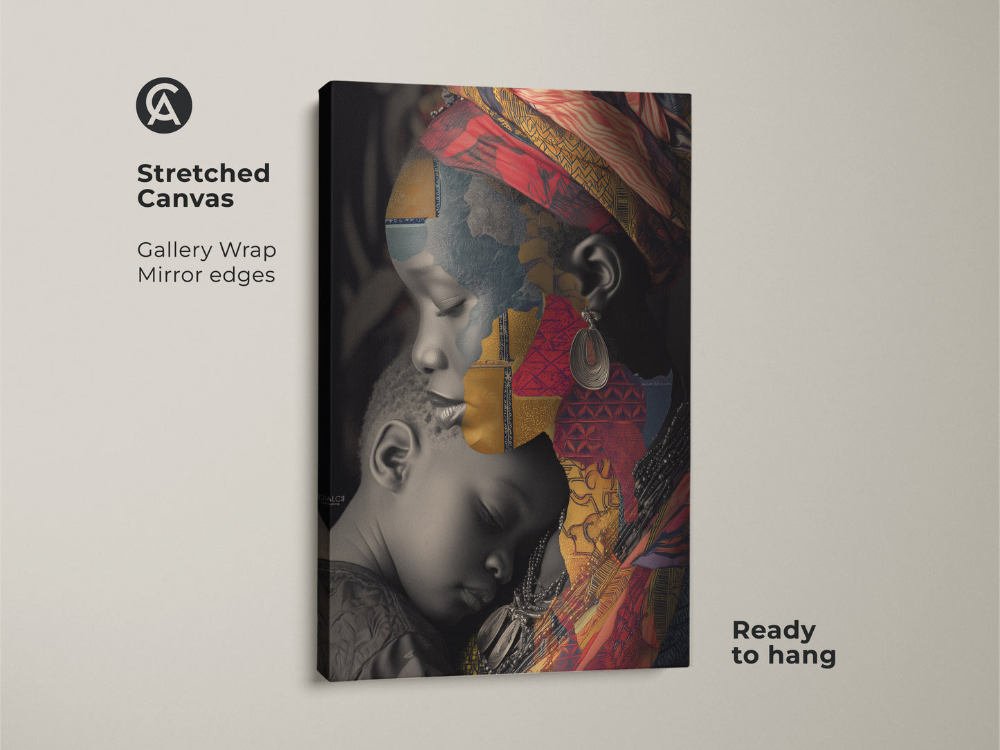 Stretched canvas of a cultural collage art print displaying an African Mother and Child. The red gold and blue abstract art is gallery wrapped with mirrored edges. Ready to hang as an eclectic home decor print for a unique family portrait.