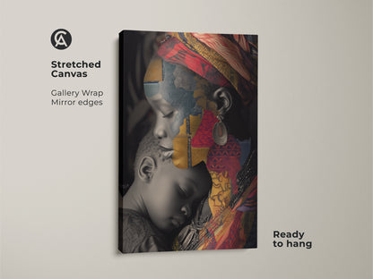 Stretched canvas of a cultural collage art print displaying an African Mother and Child. The red gold and blue abstract art is gallery wrapped with mirrored edges. Ready to hang as an eclectic home decor print for a unique family portrait.
