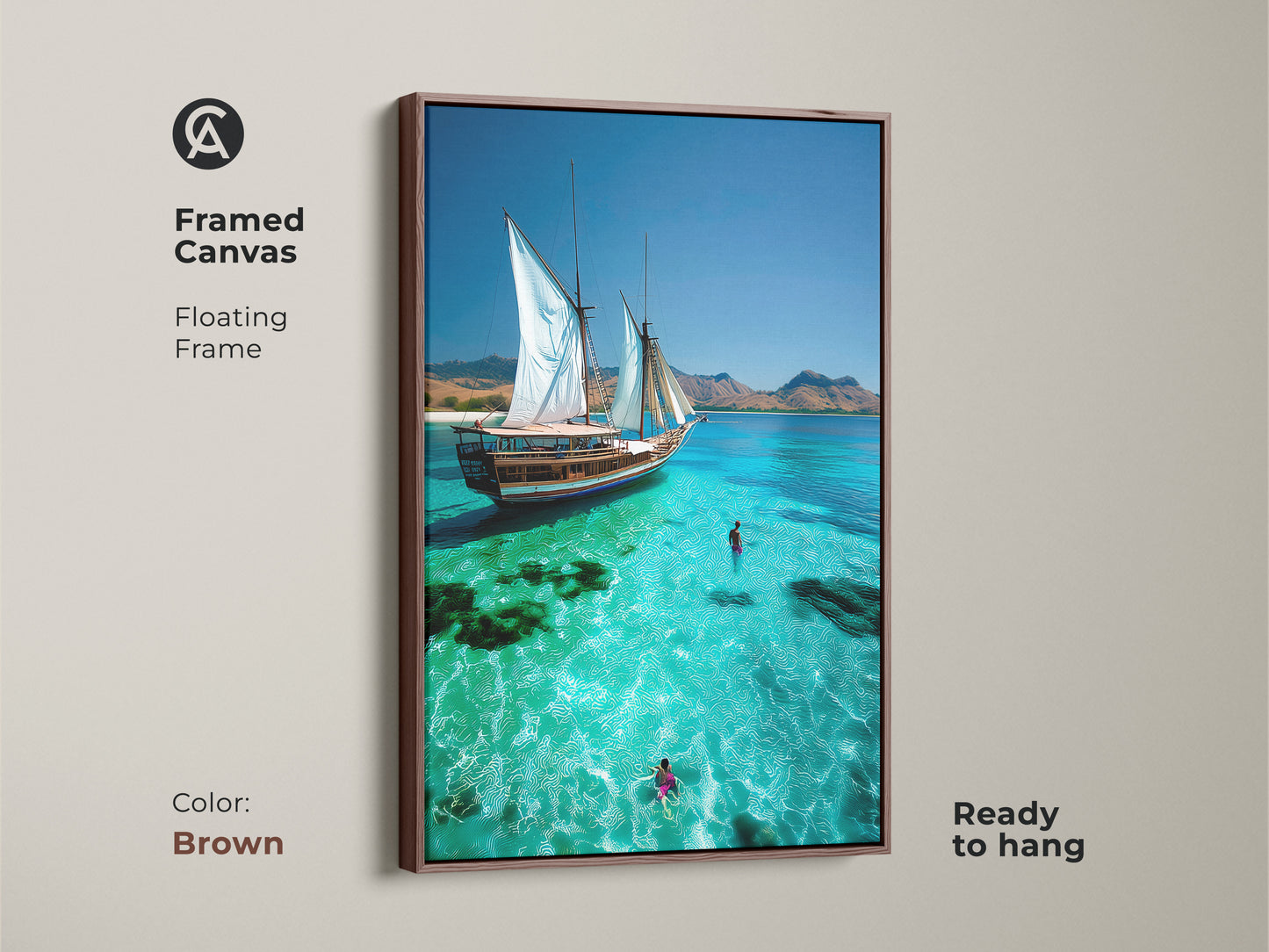 Enhance your home with our framed Coastal Wall Art in a warm brown frame. Showcasing a sailboat print over a turquoise ocean scene. This beach travel art captures nautical home decor perfectly. A sailboat glides through crystal waters. Swimmers enjoy the refreshing sea. This nautical piece brings seaside tranquility.