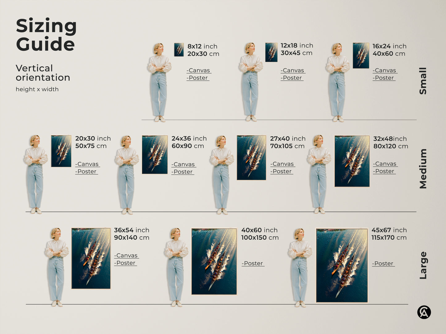 Explore the size guide for vertical orientation rowing team art. Available in canvas and poster options. Sizes range from small to large. Find the perfect fit for your space. This teal blue and gold water sports art adds a modern touch. Ideal for office decor.