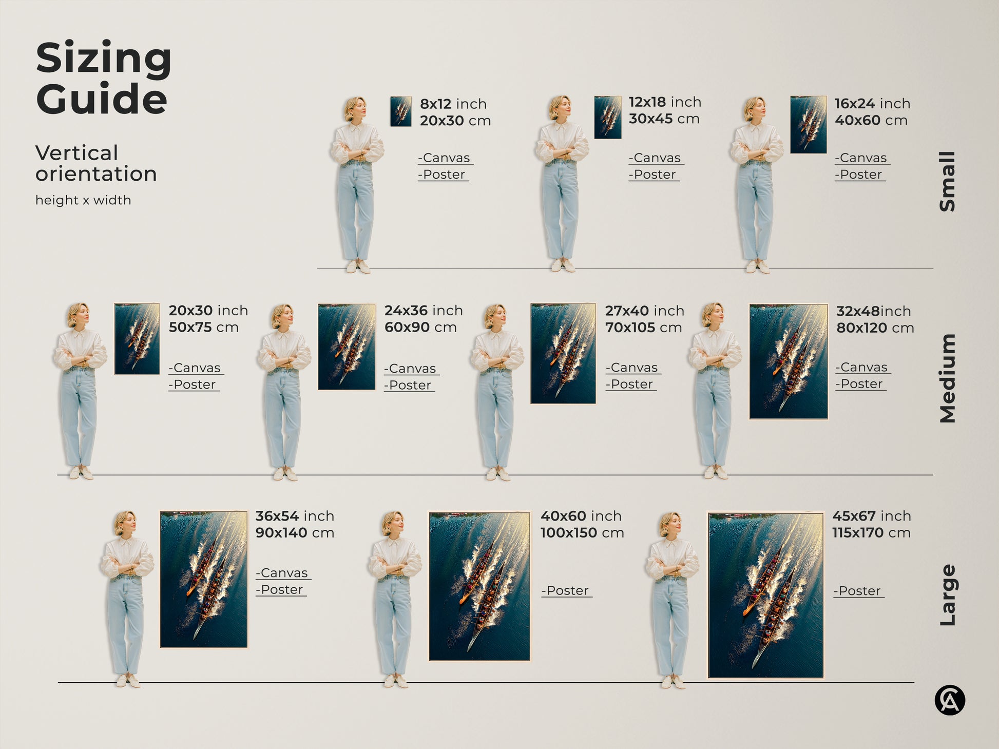 Explore the size guide for vertical orientation rowing team art. Available in canvas and poster options. Sizes range from small to large. Find the perfect fit for your space. This teal blue and gold water sports art adds a modern touch. Ideal for office decor.