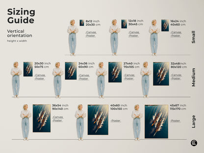 Explore the size guide for vertical orientation rowing team art. Available in canvas and poster options. Sizes range from small to large. Find the perfect fit for your space. This teal blue and gold water sports art adds a modern touch. Ideal for office decor.