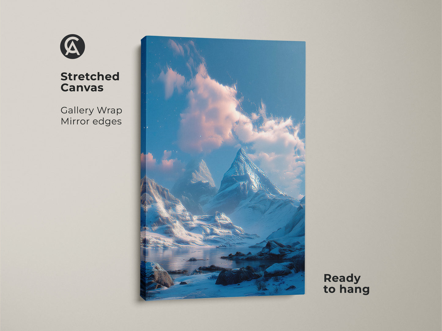 Stretched canvas print of a winter mountain landscape. The gallery wrap with mirrored edges enhances the artwork's immersive quality. This ready-to-hang piece brings a tranquil winter scene to any space. Perfect for nature art lovers.