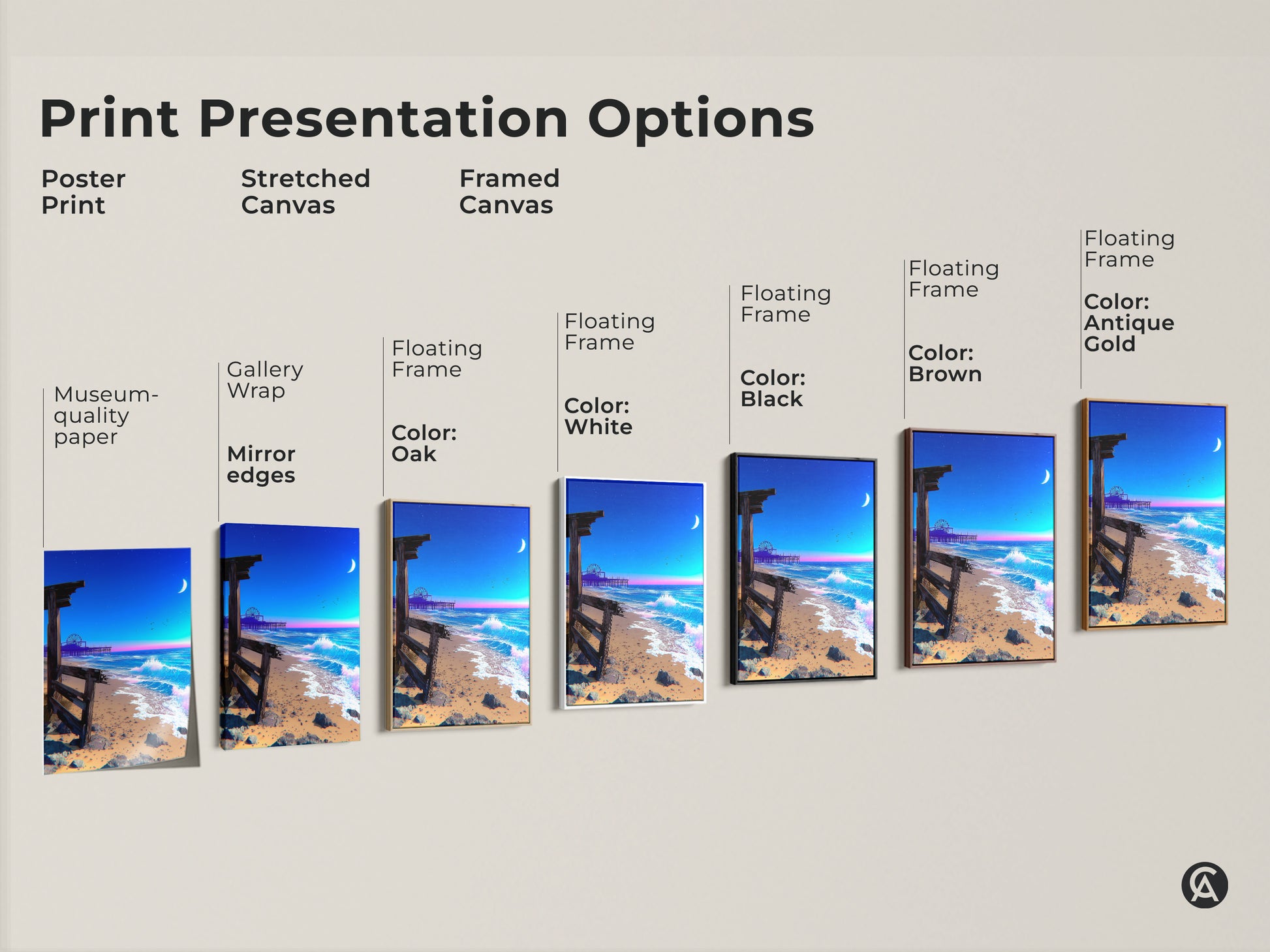 Print presentation options include poster prints stretched canvases and framed canvases. Choose from black brown oak white and antique gold floating frames. Features synthwave beach canvas art moonlit ocean pier.