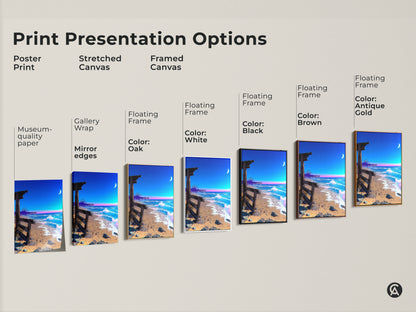 Print presentation options include poster prints stretched canvases and framed canvases. Choose from black brown oak white and antique gold floating frames. Features synthwave beach canvas art moonlit ocean pier.