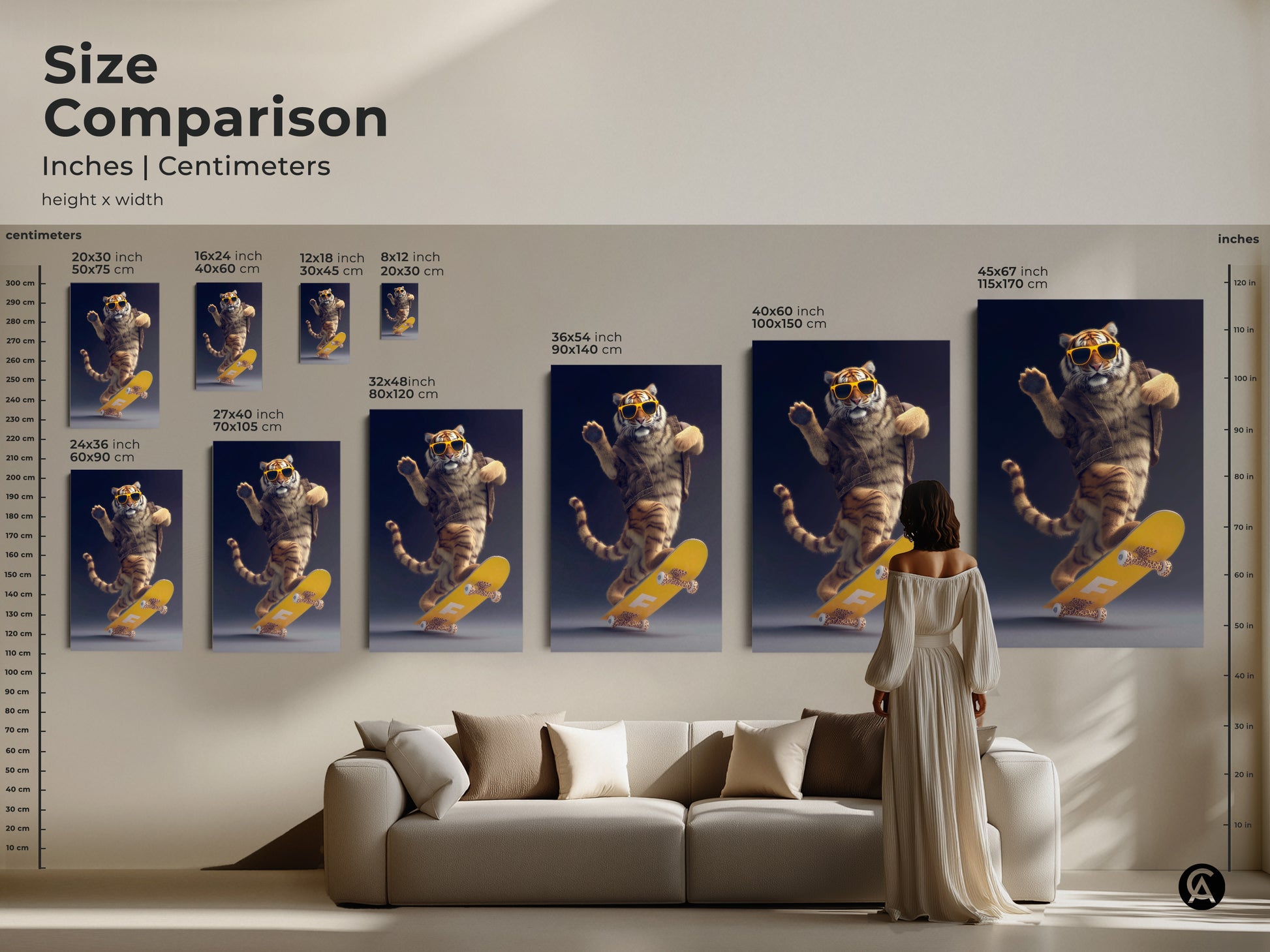 Size comparison of skater tiger artwork in inches and centimeters. Different canvas sizes displayed above a couch show scale. Find the perfect fit for your space. Add skater tiger art now.