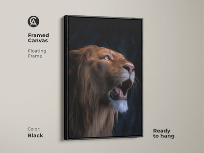 Framed canvas artwork of a photorealistic lion with a black floating frame. This wildlife animal art is ready to hang. The roaring lion poster is perfect for home office wall art. The majestic animal print is an ideal gift idea for those who love nature.