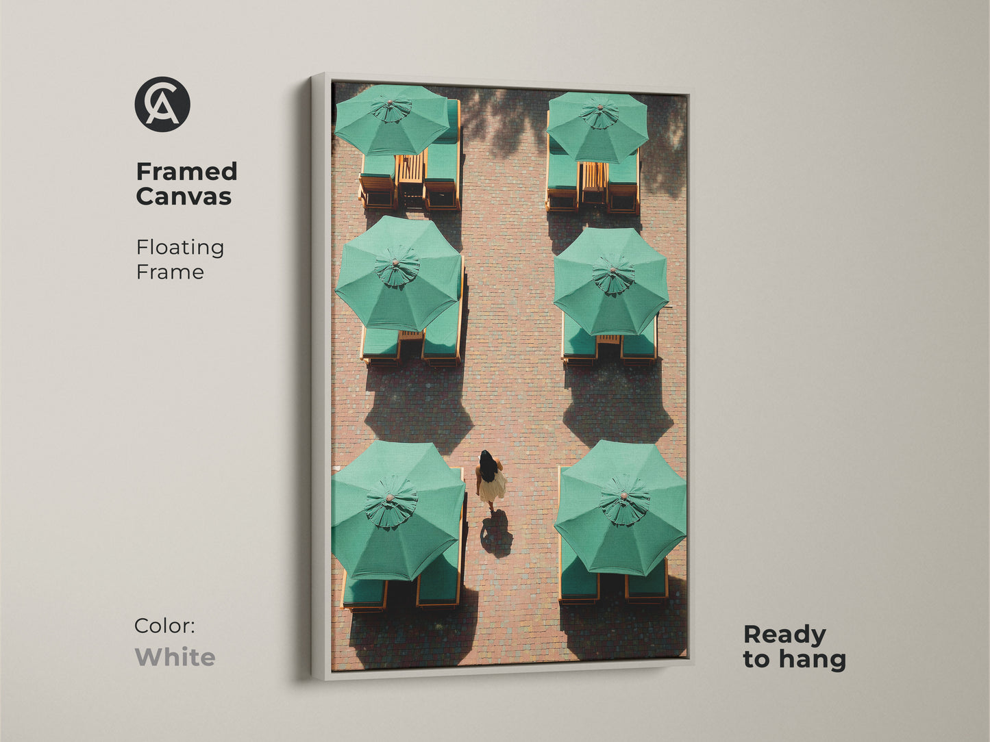 This framed canvas features minimalist green umbrella artwork. With a floating white frame this contemporary travel art is ready to hang. Perfect as sophisticated wall decor this is a thoughtful housewarming gift.