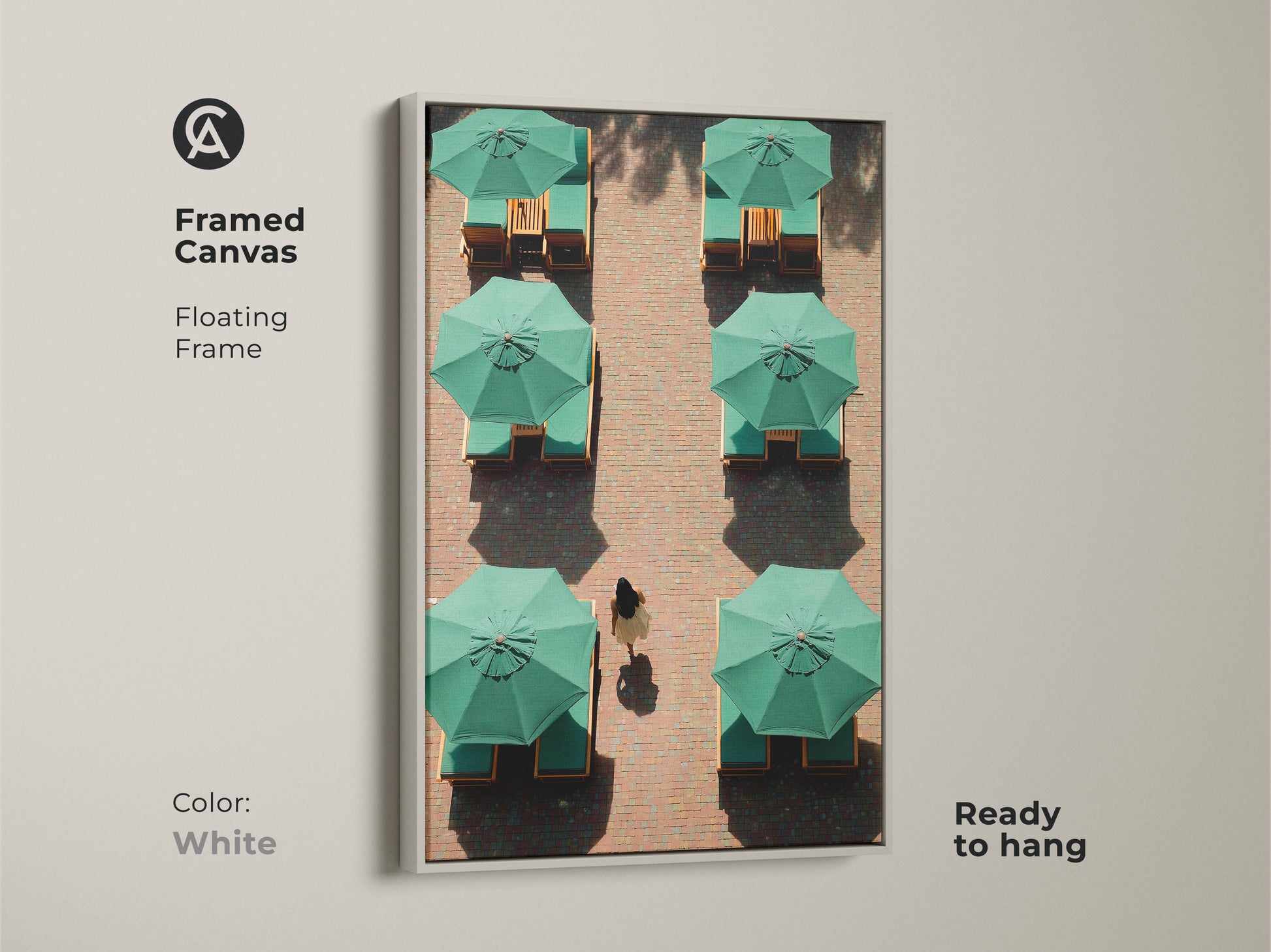 This framed canvas features minimalist green umbrella artwork. With a floating white frame this contemporary travel art is ready to hang. Perfect as sophisticated wall decor this is a thoughtful housewarming gift.