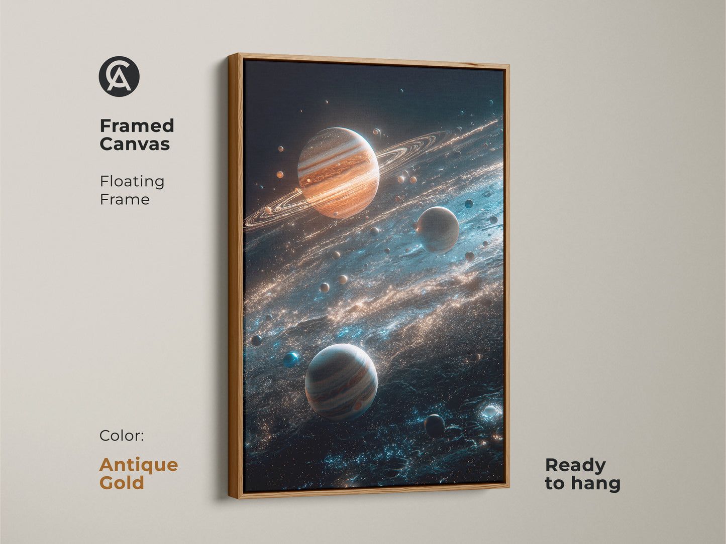 Antique gold framed canvas of planets and cosmic dust. The floating frame adds a touch of elegance. This ready-to-hang planet art is a stunning addition to any home. Buy now and bring celestial beauty inside.