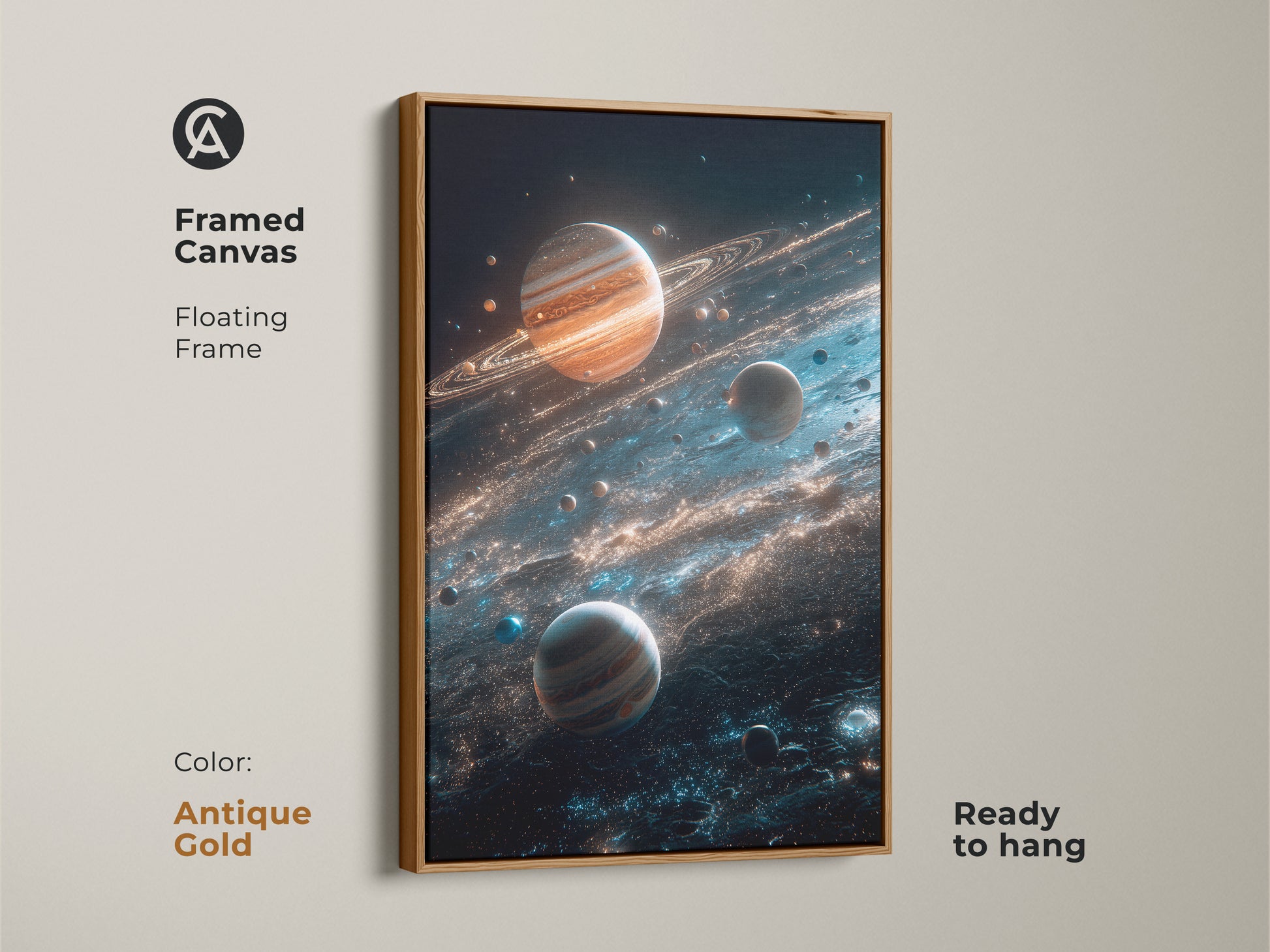 Antique gold framed canvas of planets and cosmic dust. The floating frame adds a touch of elegance. This ready-to-hang planet art is a stunning addition to any home. Buy now and bring celestial beauty inside.