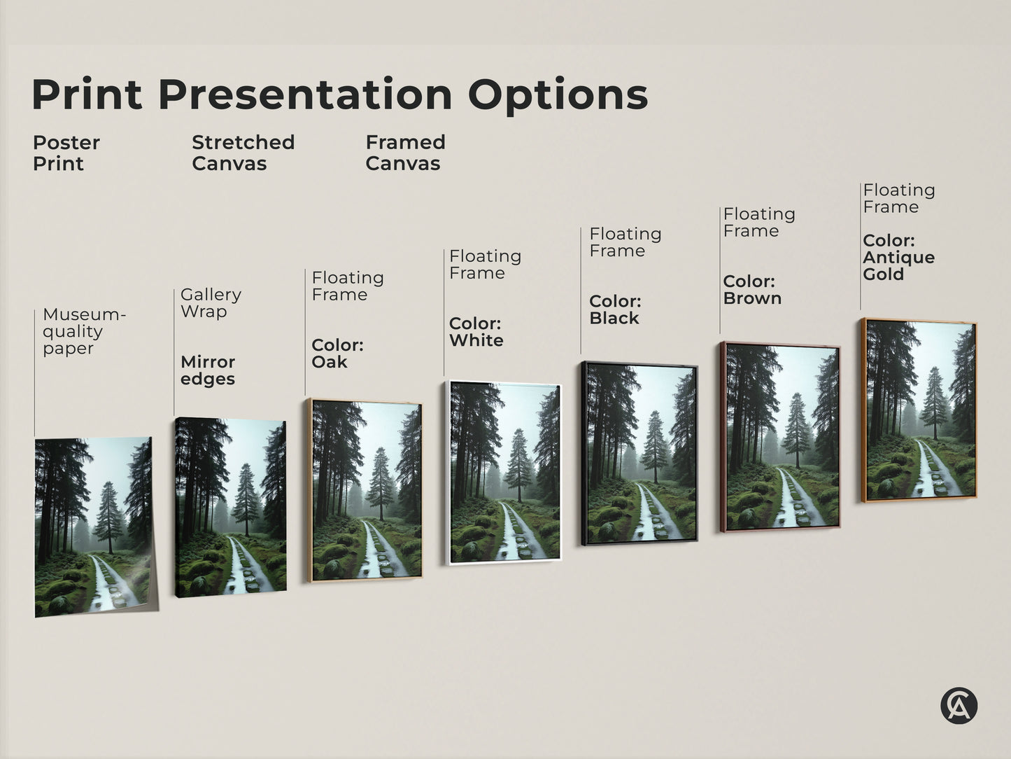 Explore print presentation options: poster print stretched canvas and framed canvas. Each showcases a misty forest path art. Select from floating frame colors like black brown antique gold and white.