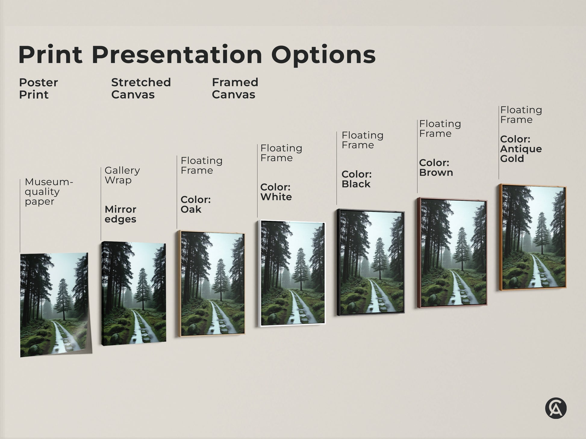 Explore print presentation options: poster print stretched canvas and framed canvas. Each showcases a misty forest path art. Select from floating frame colors like black brown antique gold and white.