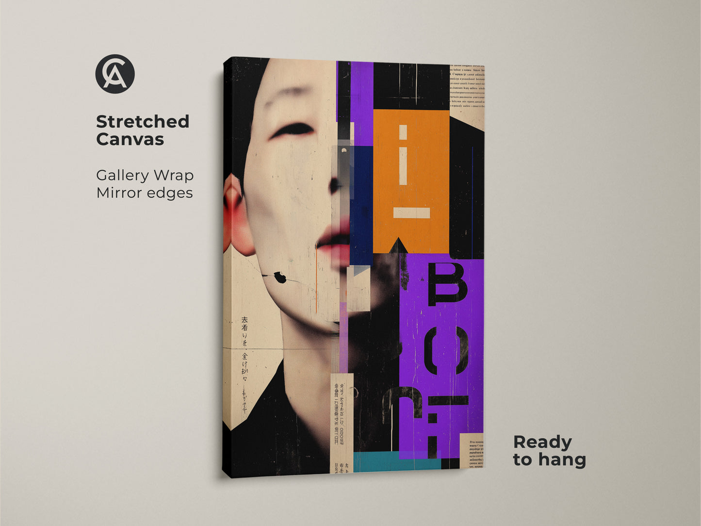 Stretched canvas of an abstract face collage art. The contemporary portrait print showcases geometric orange purple and beige colors. This modern office decor canvas is ready to hang. It offers a gallery wrap with mirrored edges perfect as a unique collage artwork.