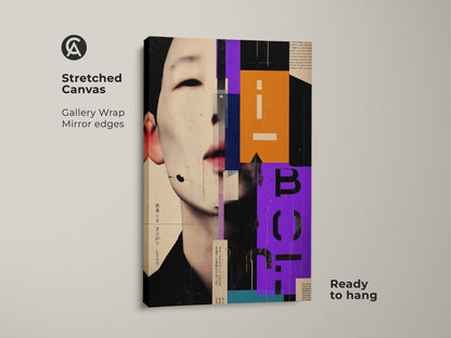 Stretched canvas of an abstract face collage art. The contemporary portrait print showcases geometric orange purple and beige colors. This modern office decor canvas is ready to hang. It offers a gallery wrap with mirrored edges perfect as a unique collage artwork.