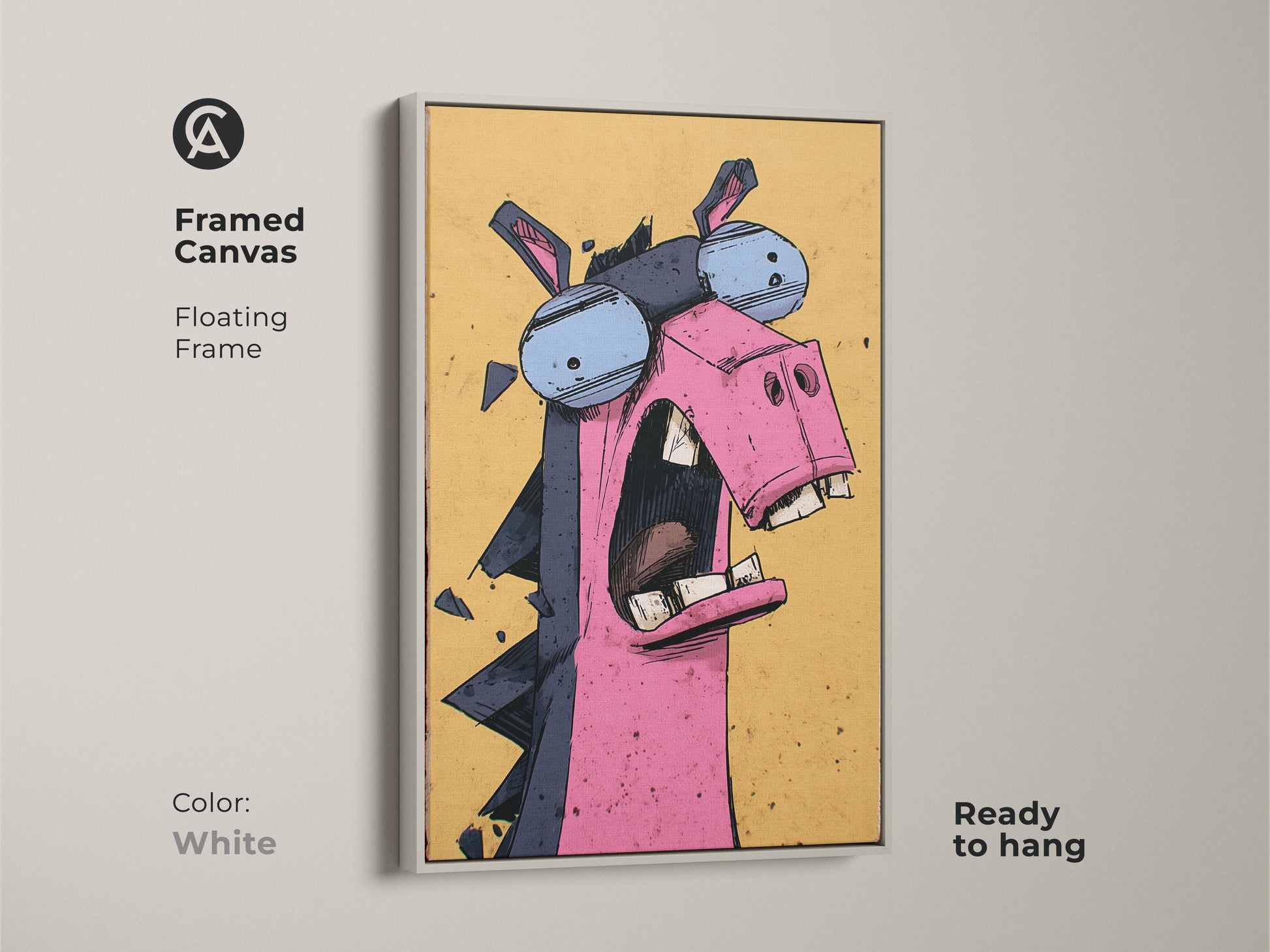 This white framed canvas shows a funny donkey wall art piece. The floating frame offers a clean look and is ready to hang. The pink yellow blue art print is ideal for eclectic home decor. It's a quirky animal print for children's spaces.