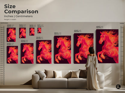 Size comparison of horse art prints in inches and centimeters. The fiery horse artwork is available in multiple sizes. See how the art looks in a living room setting. Find the perfect size for your home.