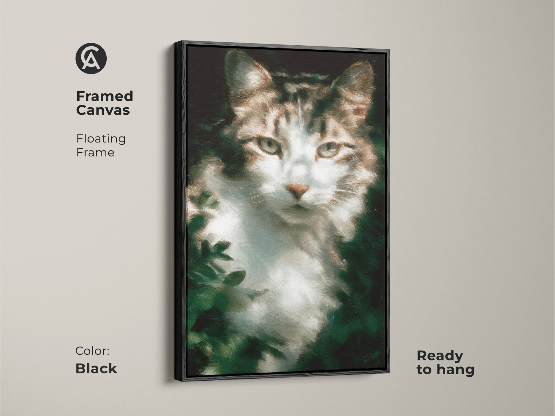 Framed canvas print featuring a cute tabby cat artwork with a floating black frame. The artwork is ready to hang. The feline art adds elegance to any room. Perfect for cat enthusiasts looking for stylish home accents.