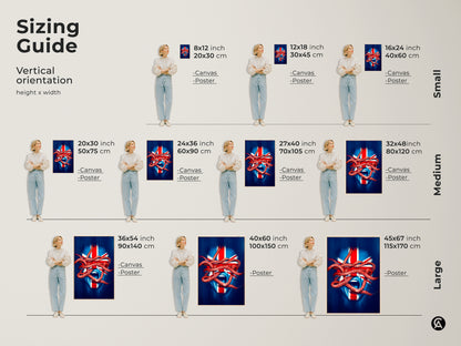 Sizing guide for Union Jack face artwork. The vertical orientation shows height and width. Sizes range from small to large. The canvas and poster options make great eclectic study room or office decor art. British expat gift idea.
