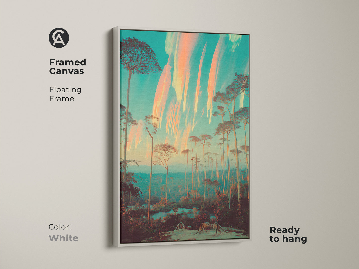 The white frame enhances the surreal forest canvas art. The eclectic nature artwork features tall slender trees set against a teal and orange sky. Ready to hang this dreamlike landscape brings a unique artistic flair. It is perfect for nature-inspired decor and complements a bohemian room.