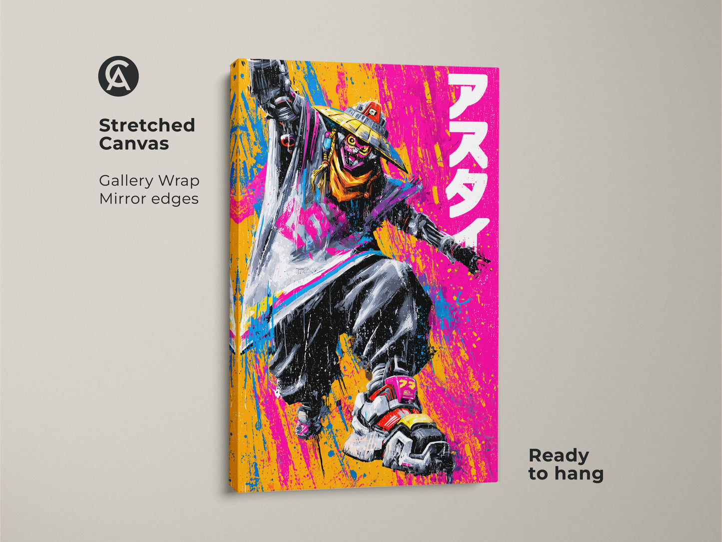 Stretched canvas artwork featuring a stylized figure in a straw hat. The artwork has mirror edges and is ready to hang. Bold colors and dynamic pose make it a standout piece for any room.
