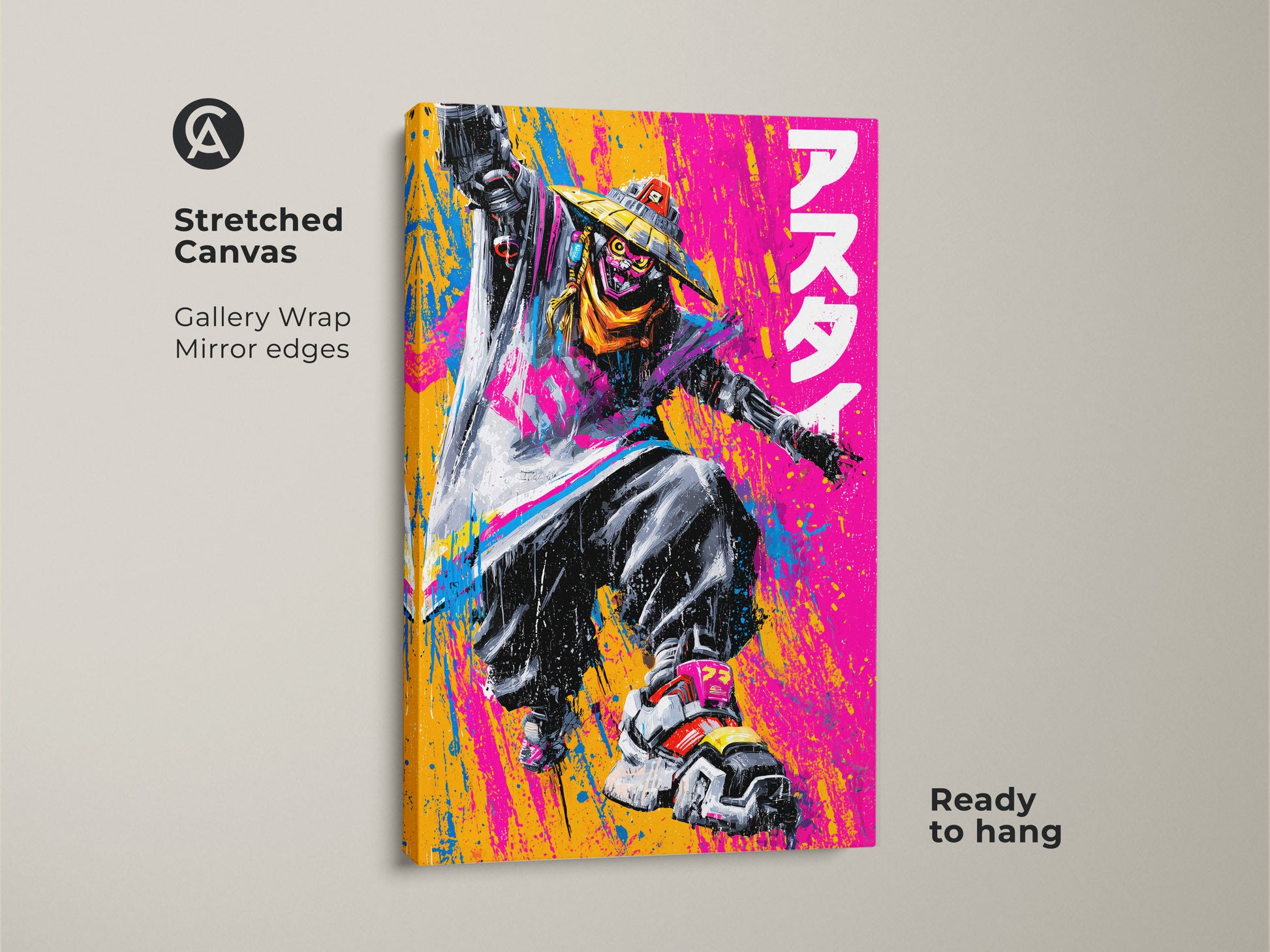 Stretched canvas artwork featuring a stylized figure in a straw hat. The artwork has mirror edges and is ready to hang. Bold colors and dynamic pose make it a standout piece for any room.
