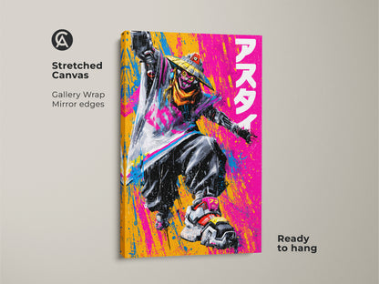 Stretched canvas artwork featuring a stylized figure in a straw hat. The artwork has mirror edges and is ready to hang. Bold colors and dynamic pose make it a standout piece for any room.