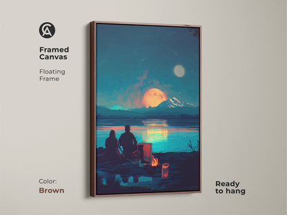 Brown framed canvas of a couple by campfire art. This romantic night sky wall art has a floating frame. The lake scene canvas print is ready to hang. A unique anniversary present.