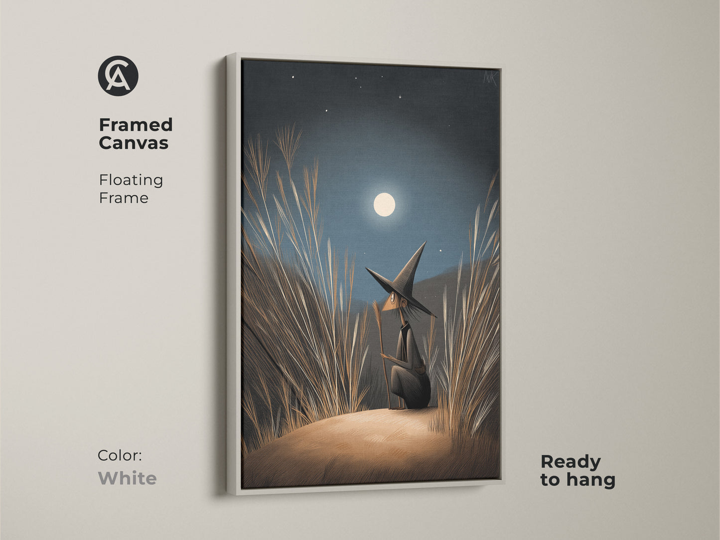 Framed Canvas of fantasy wall art ready to hang. A witch gazes at the moonlight. The Floating Frame is white. Navy Blue Gold Moonlight Canvas. Find boho bedroom decor here. Perfect Halloween Occasion Gift for witch lovers.