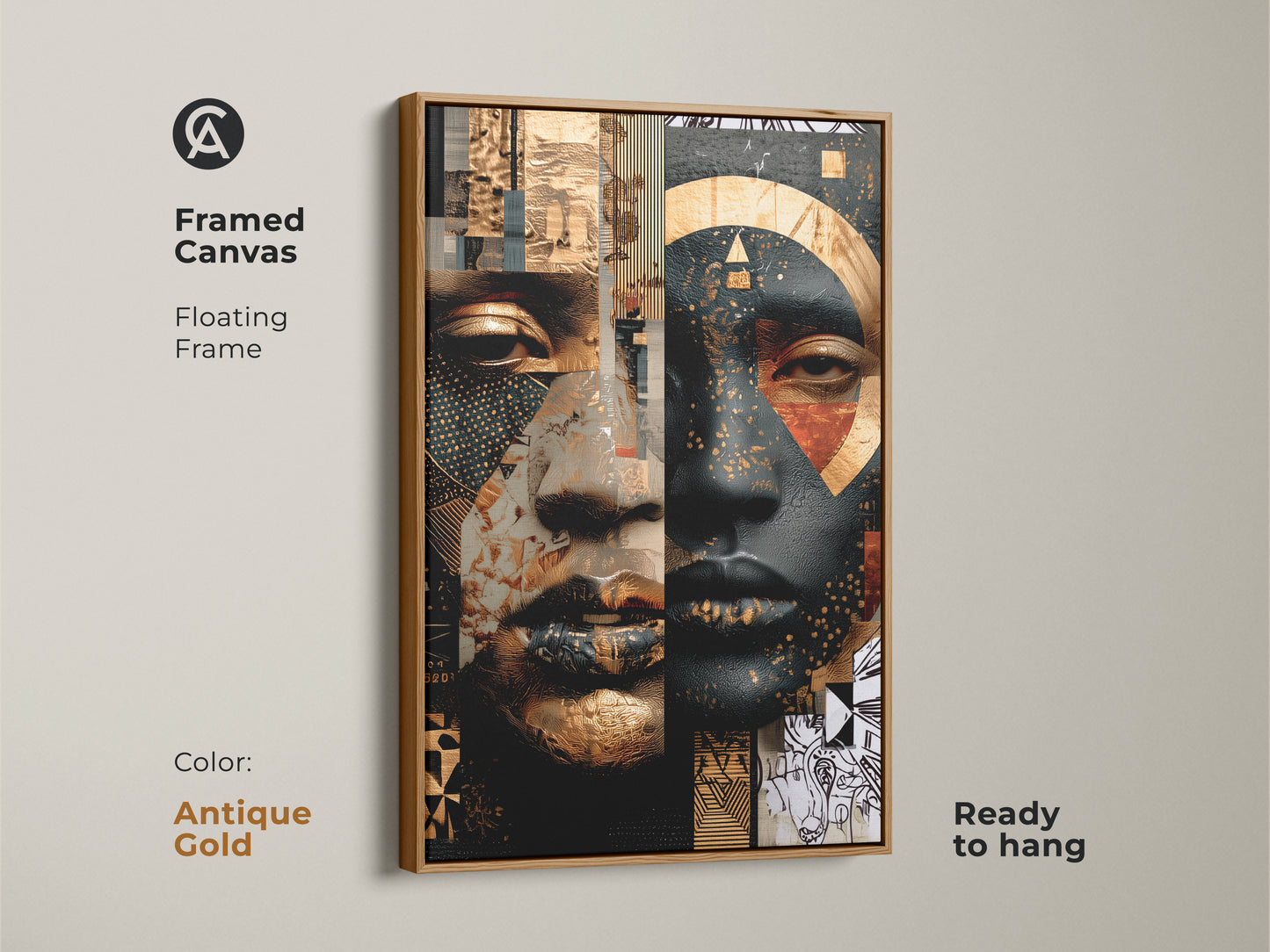 Antique gold framed canvas displaying contemporary geometric art. The gold and black portrait is an abstract face. This eclectic home decor print offers a touch of luxury. With its floating frame it's ready to hang. A sophisticated addition to modern homes.