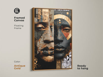 Antique gold framed canvas displaying contemporary geometric art. The gold and black portrait is an abstract face. This eclectic home decor print offers a touch of luxury. With its floating frame it's ready to hang. A sophisticated addition to modern homes.