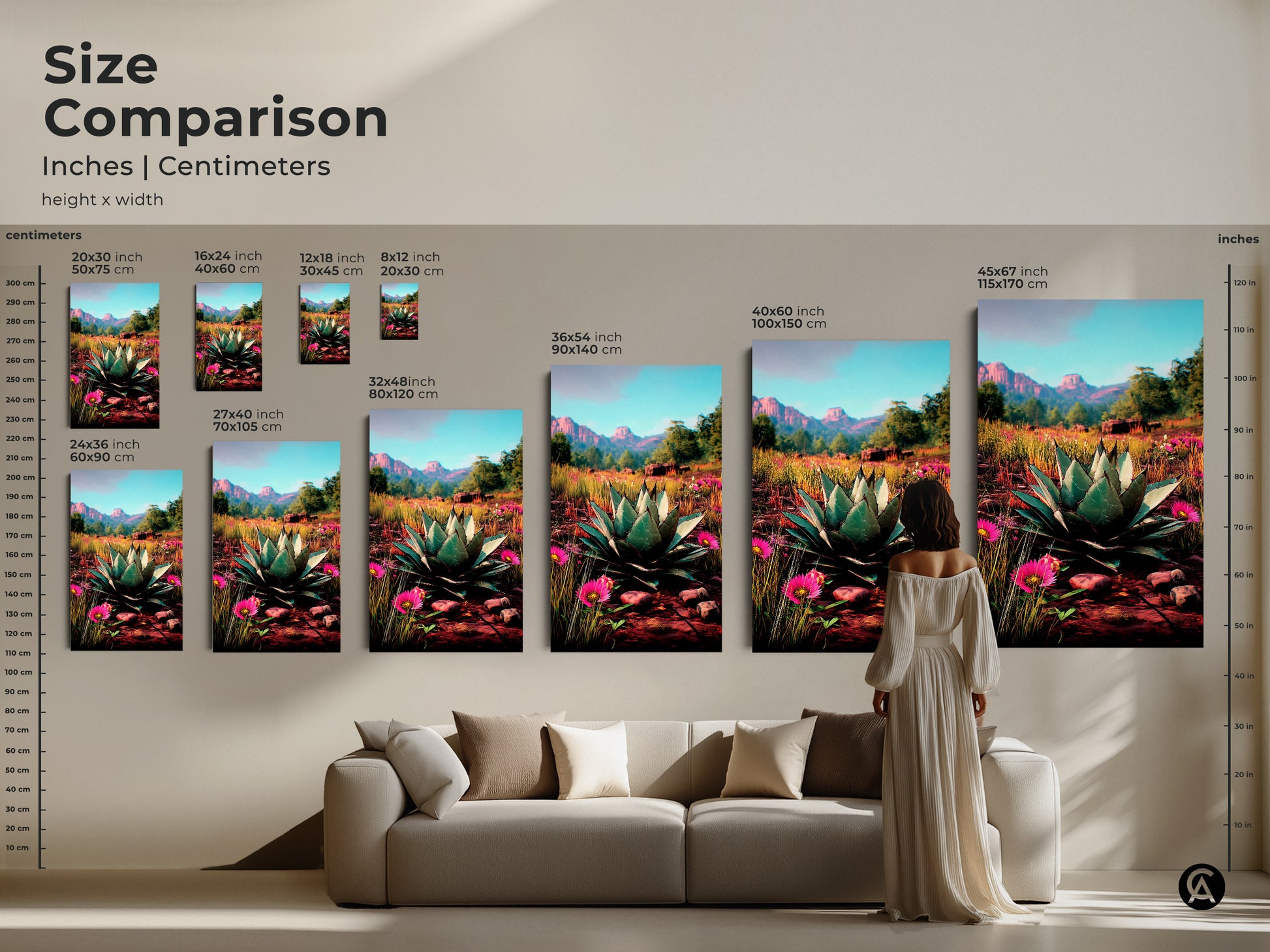 This size comparison showcases inches and centimeters. It features art sizes from small to extra-large on a living room wall. The botanical art features a southwestern desert landscape. Use this to envision art placement in your home. It includes pink desert flowers art.