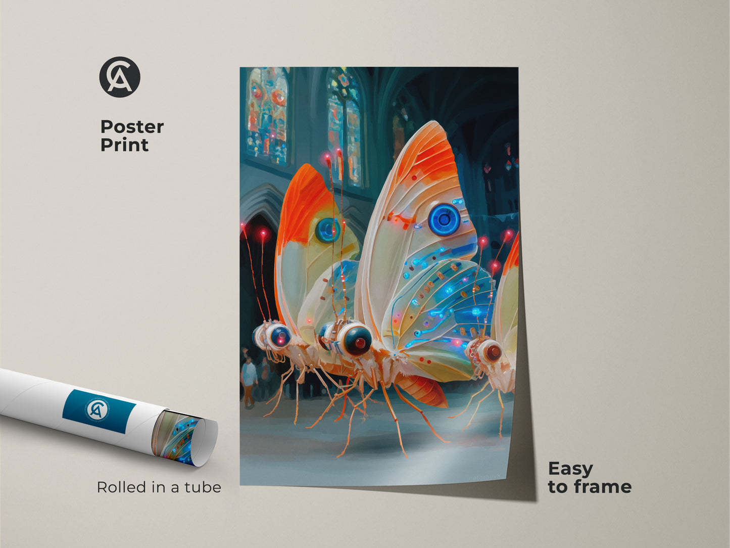 This surreal insect art print comes rolled in a tube. It is easy to frame. The cyberpunk butterfly decor features electric blue orange teal hues. The colorful insect print is perfect as a unique home decor gift. Tech lovers will enjoy this nature technology art.