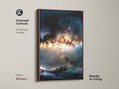 Framed canvas with floating frame. The space nebula artwork includes orange and blue hues. The frame is brown. This artwork is ready to hang. Transform your space with this beautiful framed art. Ideal for home or office decoration.