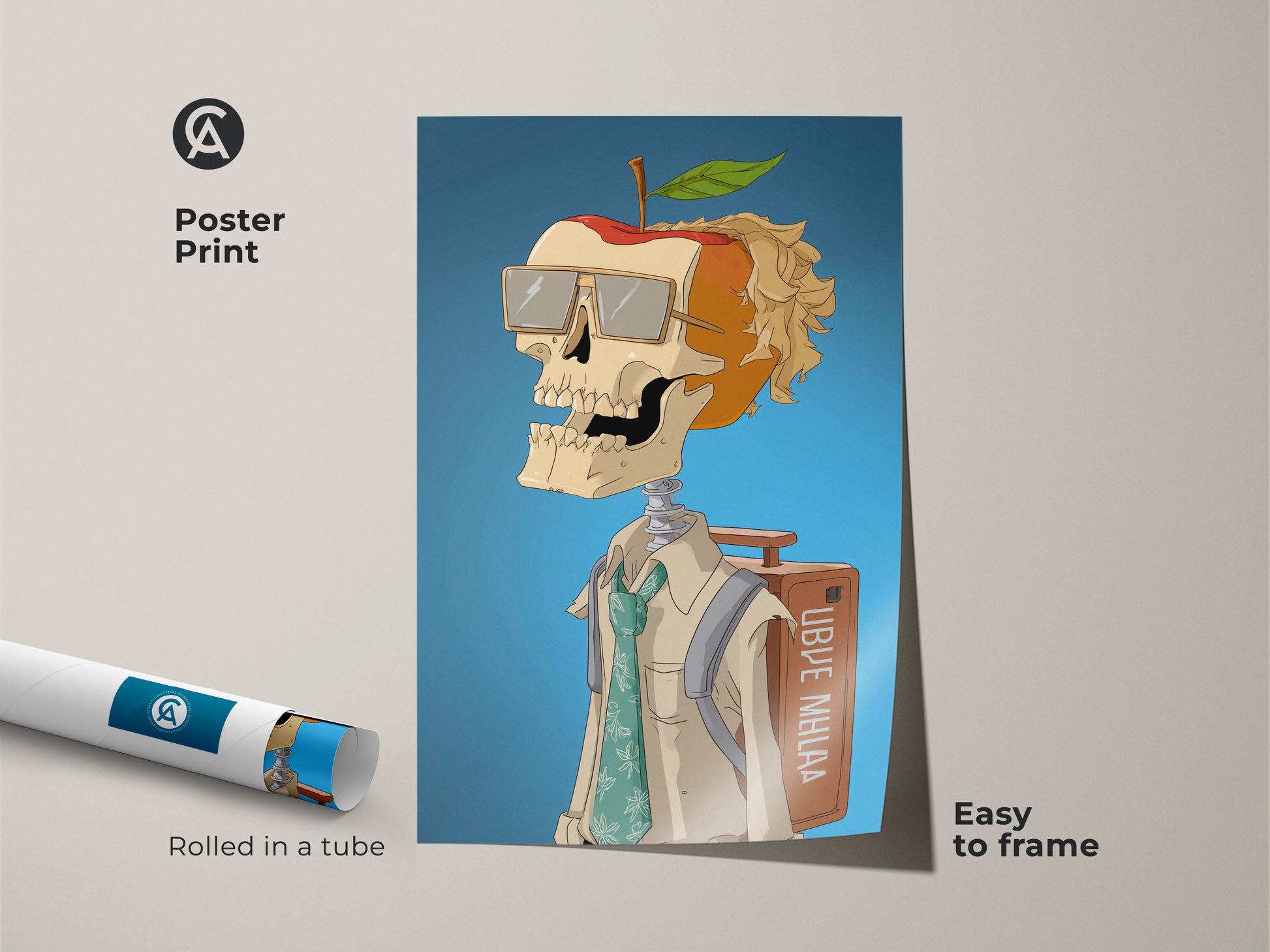 Poster print of a skeleton apple head. This unique art piece features a skeleton with an apple for a head wearing glasses. The poster is rolled in a tube for easy framing. Add a modern art feel to any space with this unique poster.