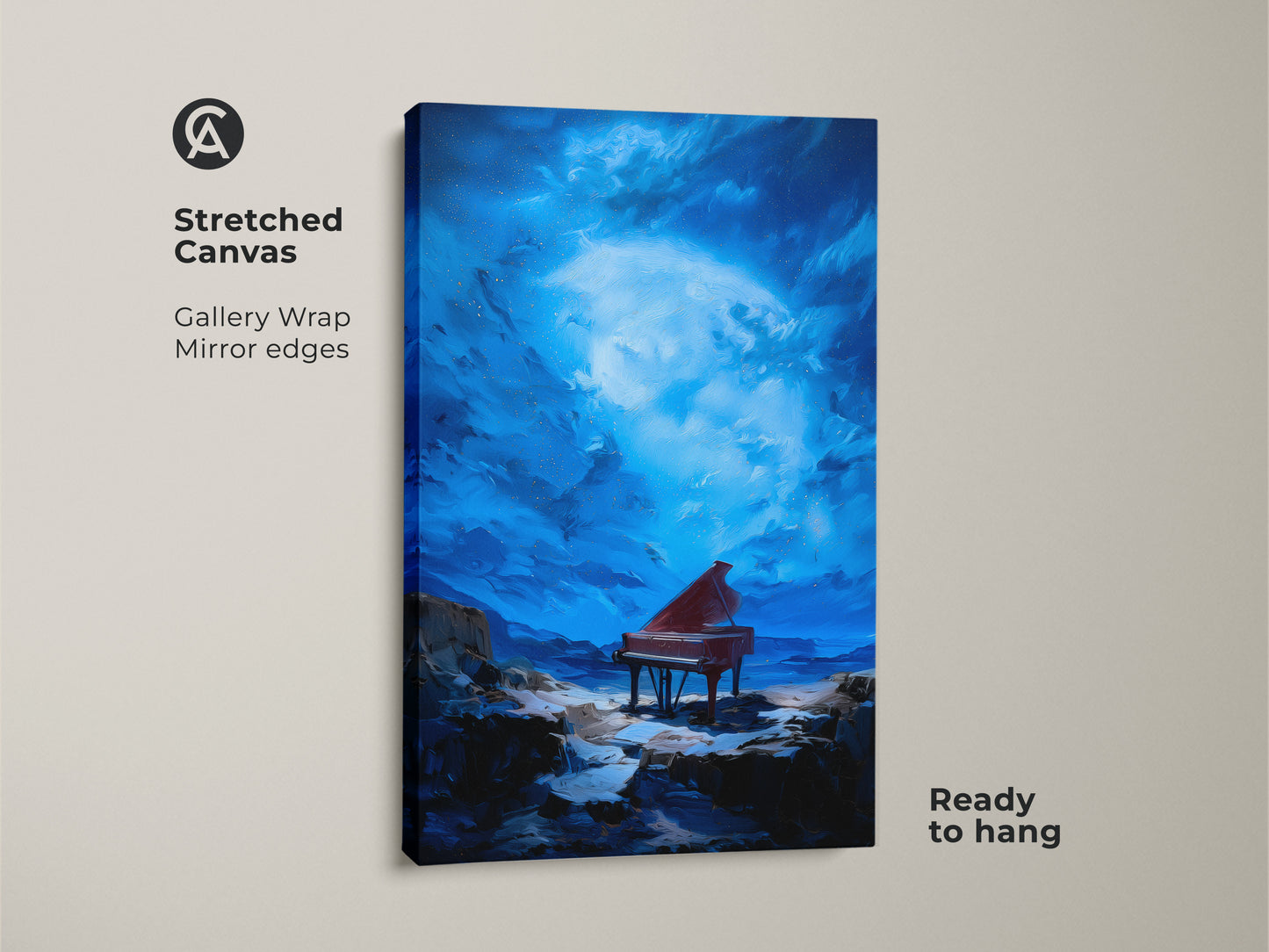 A stretched canvas displays surreal grand piano artwork. The canvas is ready to hang. It features a gallery wrap with mirrored edges. The art has a dreamy celestial sky in midnight blue tones. Crimson red accents the piano. The fantasy landscape canvas is perfect for a musician's studio.