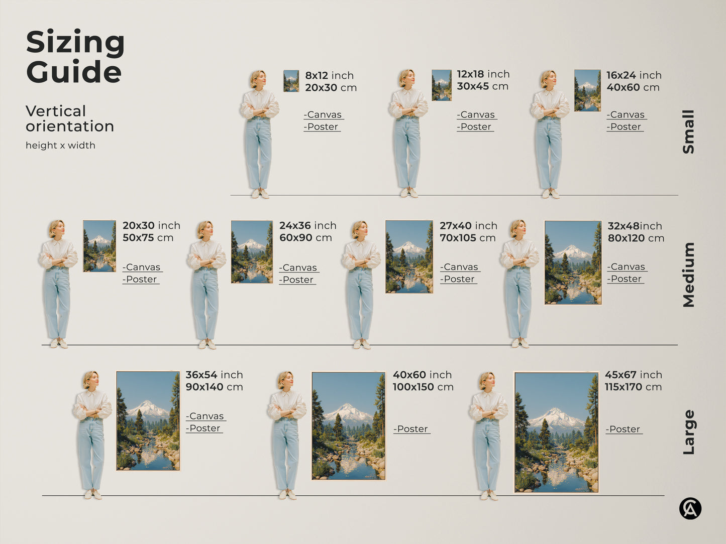 Sizing guide for vertical rustic mountain river art. This snowy peak landscape is available as canvas or poster in sizes from 8x12 to 45x67 inches. Find the perfect size for your scenic nature wall decor. Ideal for adding a touch of wanderlust to any room.