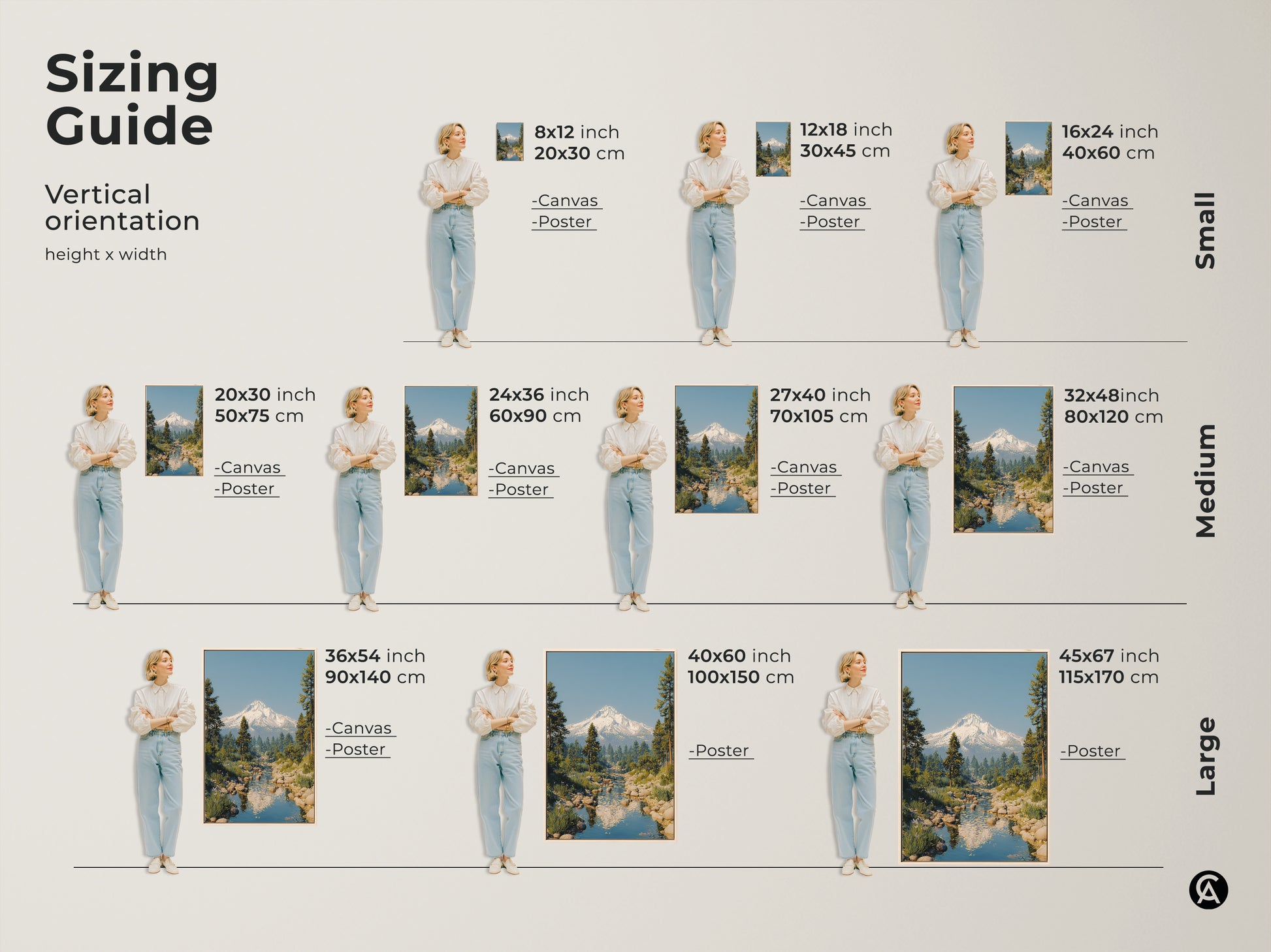 Sizing guide for vertical rustic mountain river art. This snowy peak landscape is available as canvas or poster in sizes from 8x12 to 45x67 inches. Find the perfect size for your scenic nature wall decor. Ideal for adding a touch of wanderlust to any room.