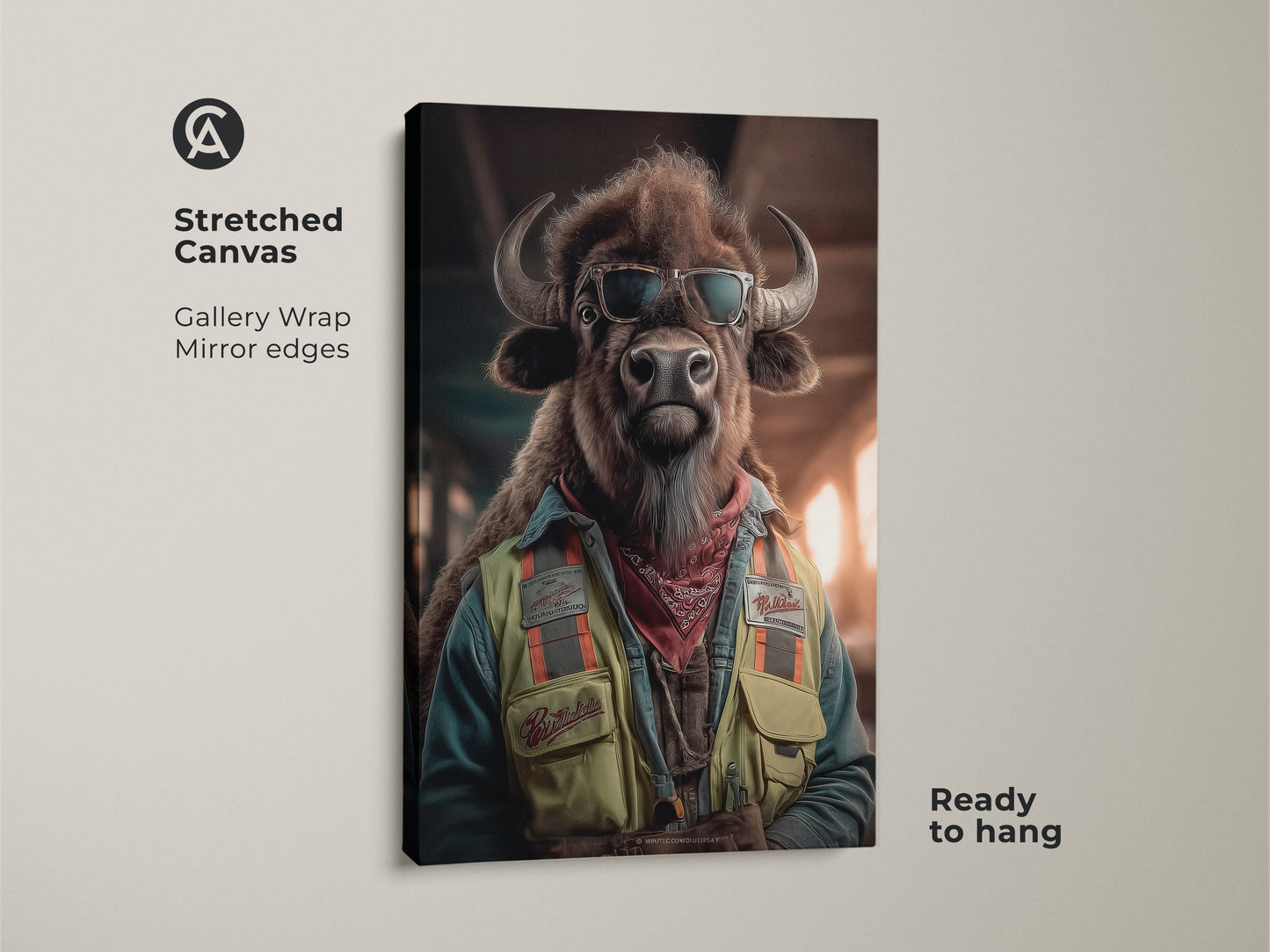 A stretched canvas version of the Cool Sunglasses Buffalo artwork. The tan teal office decor features a gallery wrap and mirror edges. This eclectic animal art is ready to hang offering a modern and quirky western art piece.