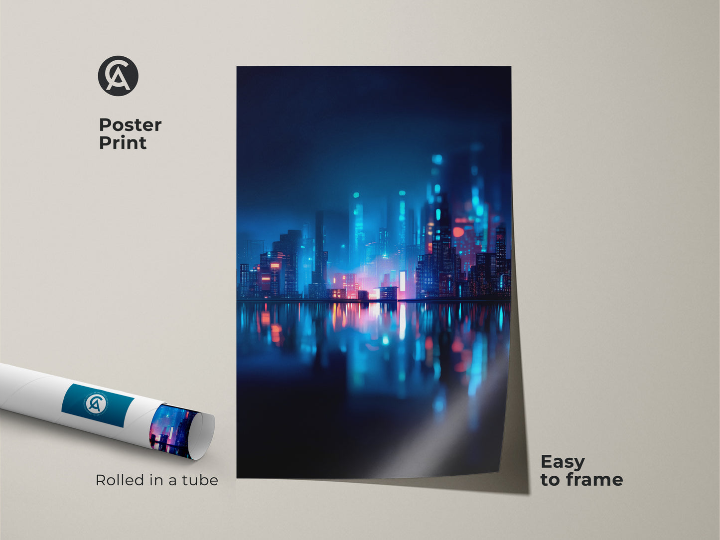 Poster print of a futuristic cityscape rolled in a tube. Easy to frame this museum-quality paper art print. Showcases a vibrant neon-lit city reflecting on water. A striking addition to any art collection.