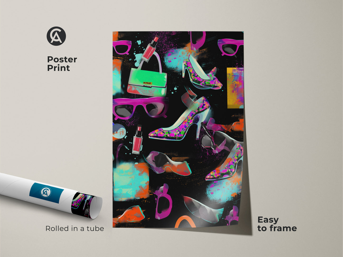 Rolled pop art poster print featuring graffiti-style high heels. Easy to frame for versatile wall art. Showcasing a handbag and lipstick in magenta orange and teal. This eclectic fashion artwork adds a glam touch. Perfect for a fashion lover's birthday gift.