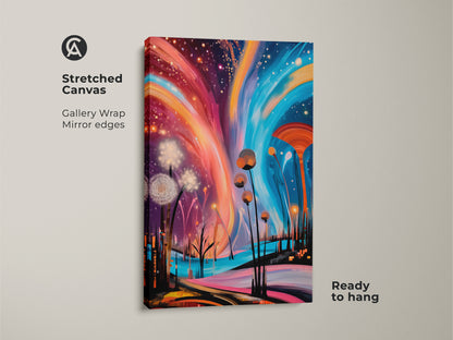 A stretched canvas art featuring an abstract dandelion artwork. This fantasy nature artwork uses warm oranges and cool blues. Accented by deep purples to create an eclectic look. The gallery wrap and mirrored edges make it ready to hang. The colorful abstract canvas is great for a bohemian room.