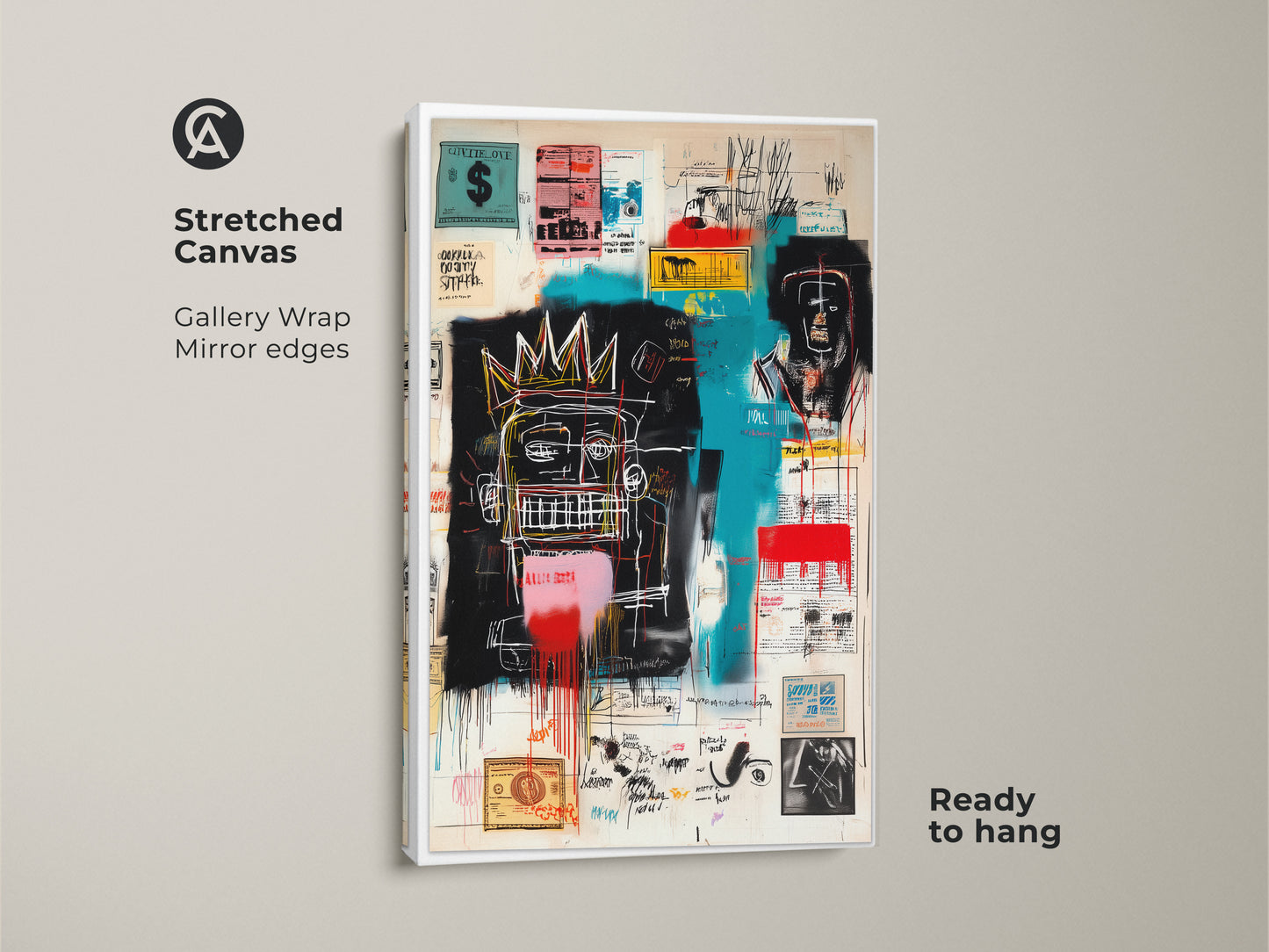 Stretched canvas print of Basquiat's artwork. Gallery wrapped with mirrored edges. The artwork features vibrant colors and bold strokes. This canvas is ready to hang. Perfect for adding a touch of modern art to your living space.