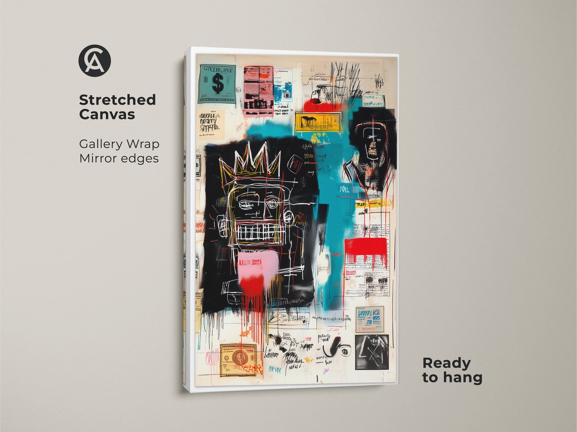 Stretched canvas print of Basquiat's artwork. Gallery wrapped with mirrored edges. The artwork features vibrant colors and bold strokes. This canvas is ready to hang. Perfect for adding a touch of modern art to your living space.