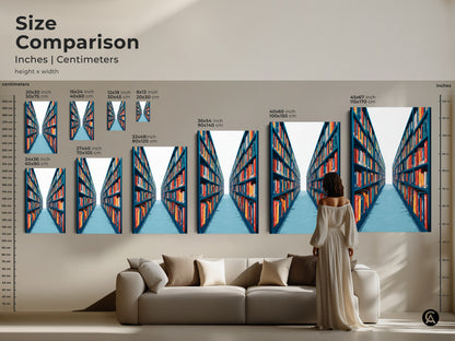 Size comparison of Teal Blue & Red Bookshelf Art Print. See how different sizes fit in your living space from 20x30 inch to 45x67 inch. Enhance your home office or study room with this contemporary book decor